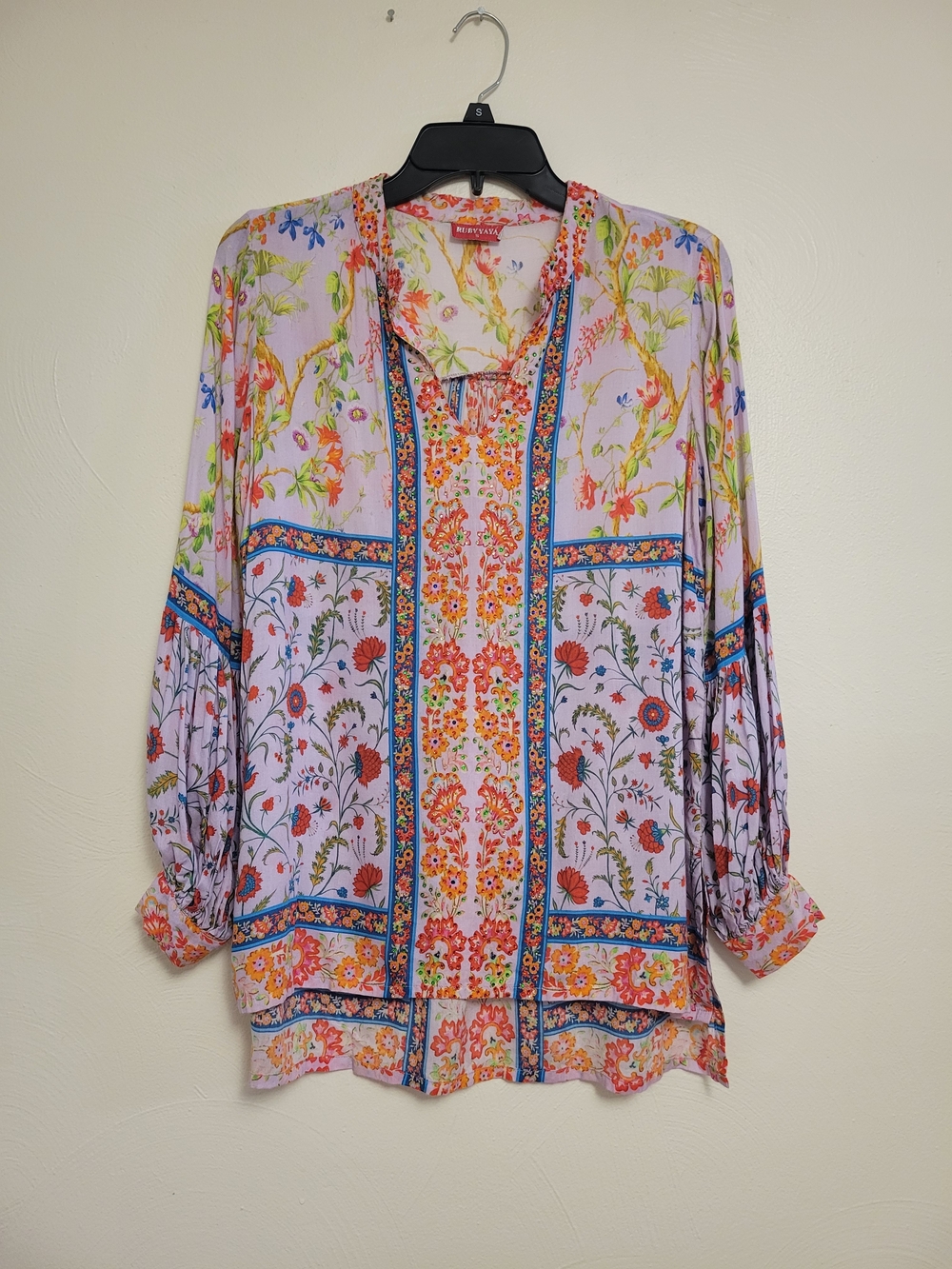 Rubyyaya Boho Floral Patchwork Shirt With Rhinestones Size Small
